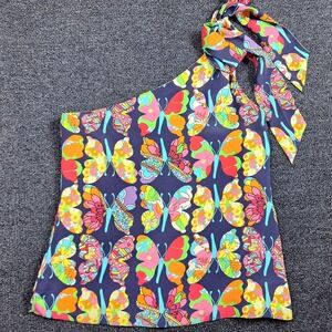 Lilly Pulitzer Roe One Shoulder Bow Blouse Silk Navy Out There Butterfly Size 4‎